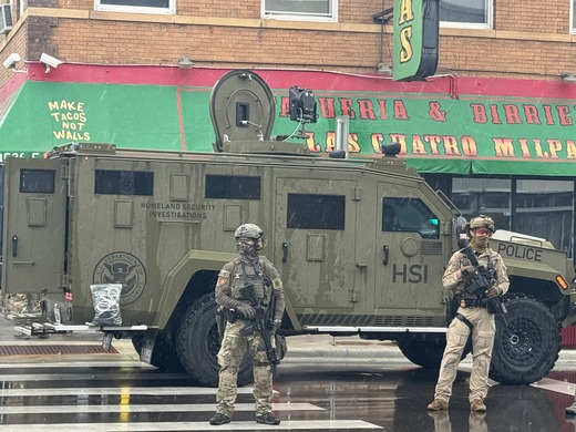 HSI armored vehicle outside taqueria on Lake Street, Minneapolis