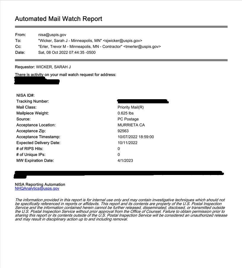 USPS Automated Mail Watch Report with affidavit non-reference disclaimer
